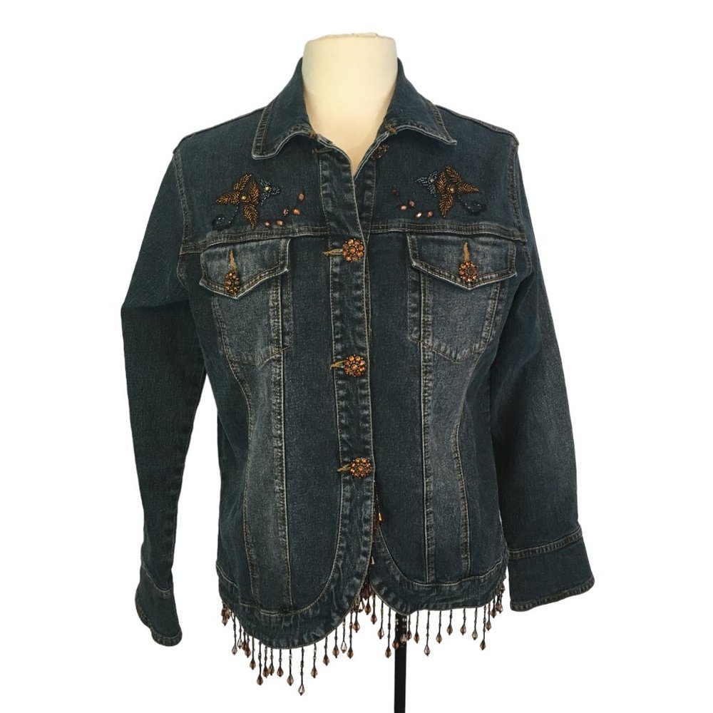 DG2 by Diane Gilman Womens Blue Denim‎ Bling Jacket, Brown Topaz Rhinestones S